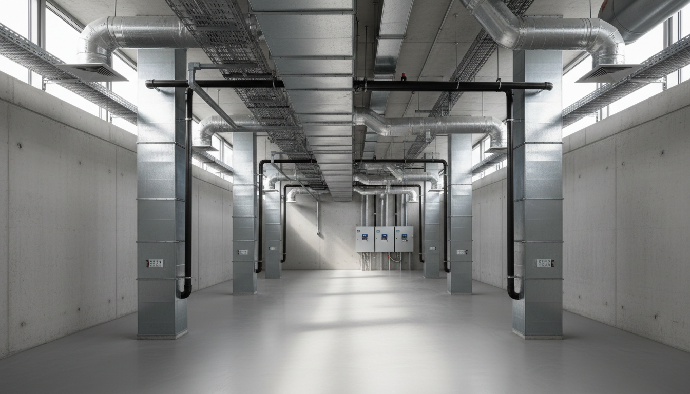 A meticulously arranged array of matte silver and graphite mechanical ventilation ducts and insulated piping, interconnecting with precision within an exposed ceiling grid of a modern commercial building. The scene is set in a pristine, well-lit mechanical plant room, with the background featuring smooth concrete walls and neatly labeled control panels. Soft, diffused daylight filters in from discreet high windows, casting gentle highlights on the metal surfaces and creating subtle, orderly shadow patterns on the floor. Captured from a slightly elevated, wide-angle perspective with sharp focus throughout, the atmosphere is calm and highly organized, evoking a sense of professional competence. The composition balances clean geometric lines, careful symmetry, and a restrained, neutral color palette in photographic realism, emphasizing technical excellence and reliability—perfectly suited for a building services engineering consultancy site.